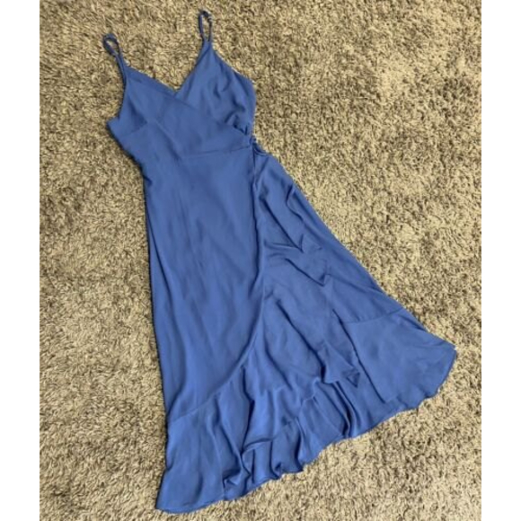 Lulus Manhattan Moment Blue Ruffled Midi Wrap Dress Size S - Picture 10 of 12